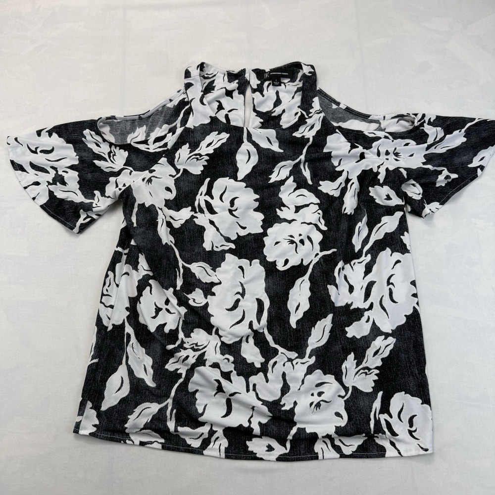 INC International Concepts Blouse Top Womens L Black White Floral Cold Shoulder